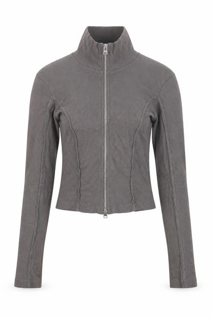 Boohoo Women Grey M Cropped Ribbed High Neck Full Zip Top
