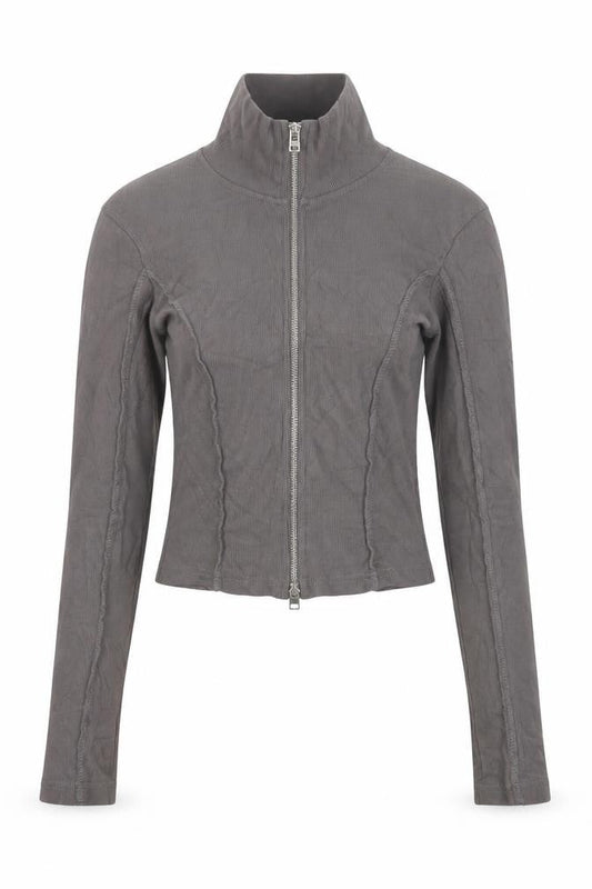 Boohoo Women Grey M Cropped Ribbed High Neck Full Zip Top