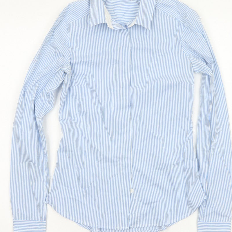 H&M Women Blue Striped Slim Fit Long Sleeve Button-Up Shirt UK 6