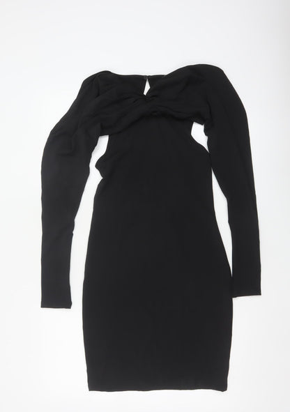 Zara Women Black S Bodycon Knee Length Ruched Keyhole Long Sleeve Dress