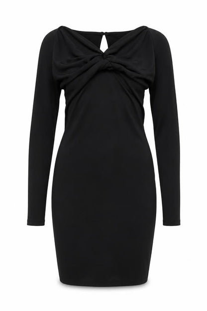 Zara Women Black S Bodycon Knee Length Ruched Keyhole Long Sleeve Dress