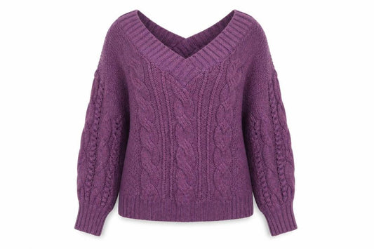 Ted Baker Women Purple M Wool Cable Knit V-Neck Jumper