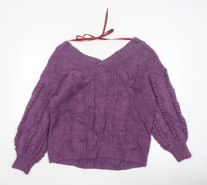 Ted Baker Women Purple M Wool Cable Knit V-Neck Jumper