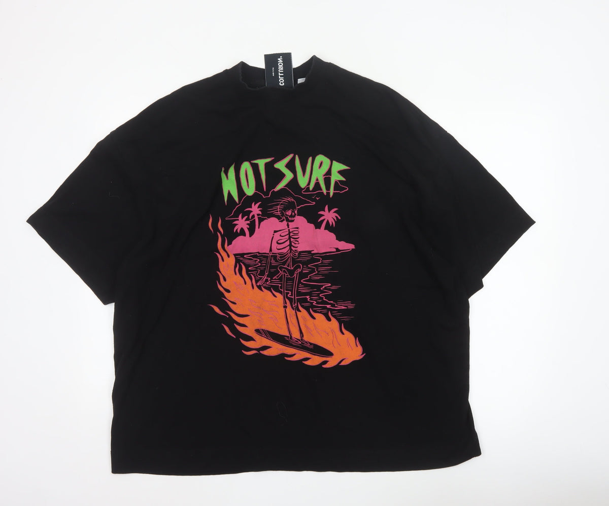 Collusion Men’s Black L Hot Surf Skull Graphic Oversized T-Shirt