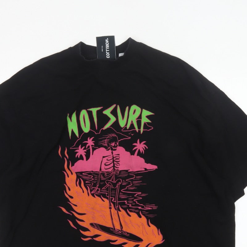 Collusion Men’s Black L Hot Surf Skull Graphic Oversized T-Shirt