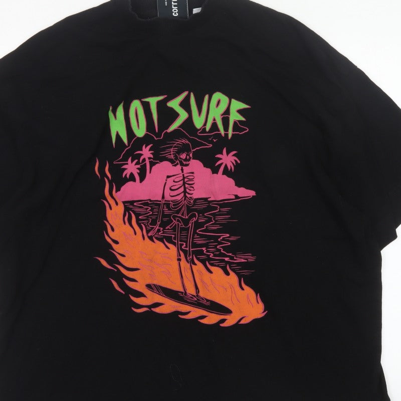 Collusion Men’s Black L Hot Surf Skull Graphic Oversized T-Shirt