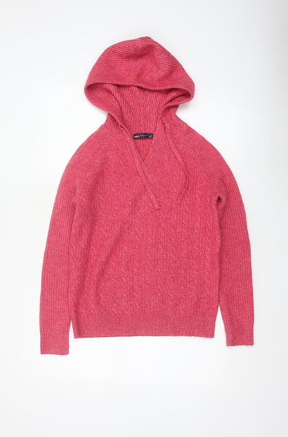 Marks & Spencer Women Pink XS Hooded Cable Knit V-Neck Jumper
