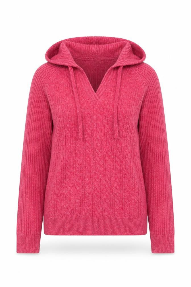 Marks & Spencer Women Pink XS Hooded Cable Knit V-Neck Jumper