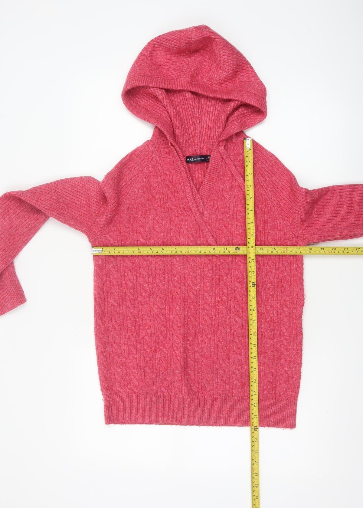 Marks & Spencer Women Pink XS Hooded Cable Knit V-Neck Jumper