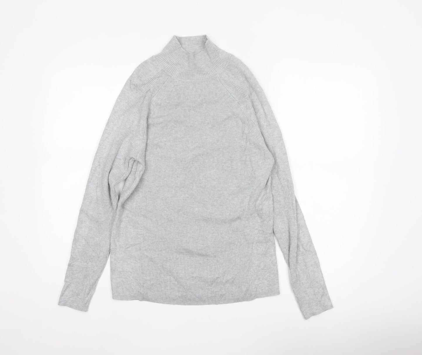 M&S Women Grey Size 12 Ribbed Mock Neck Raglan Knit Jumper