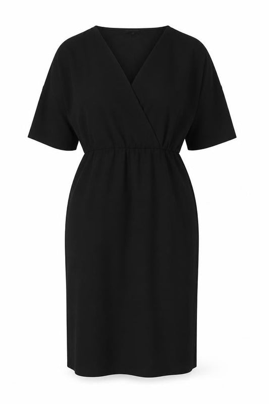Front view of Jaeger Women Black UK 12 Knee Length Sheath V-Neck Kimono Sleeve Dress
