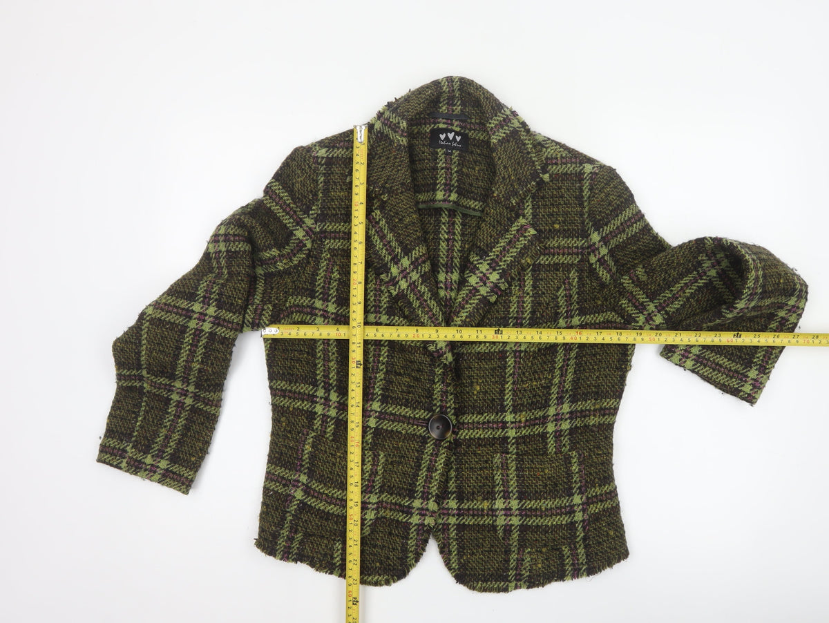 Matalan Women Green Tweed Check Wool Blend Blazer Jacket UK 14