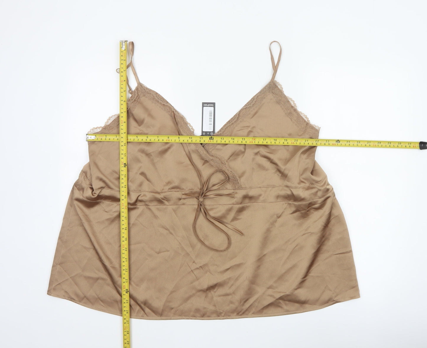 Boohoo Women Beige UK 22 Satin Lace Trim Tie Camisole Tank Top