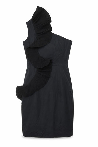 Front view of Belle by Oasis Women Black UK 10 One Shoulder Ruffle Sheath Cocktail Dress