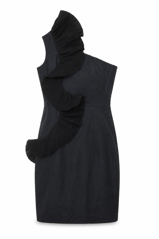 Front view of Belle by Oasis Women Black UK 10 One Shoulder Ruffle Sheath Cocktail Dress