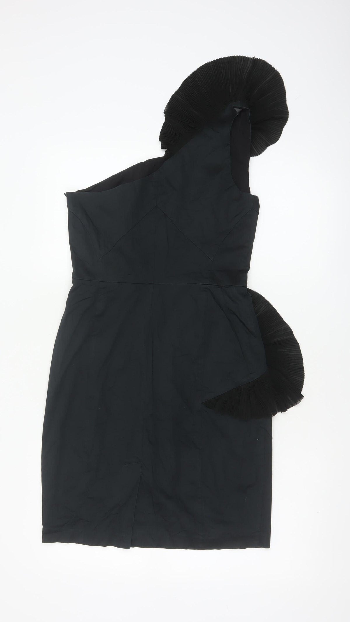 Close-up detail of Belle by Oasis Women Black UK 10 One Shoulder Ruffle Sheath Cocktail Dress