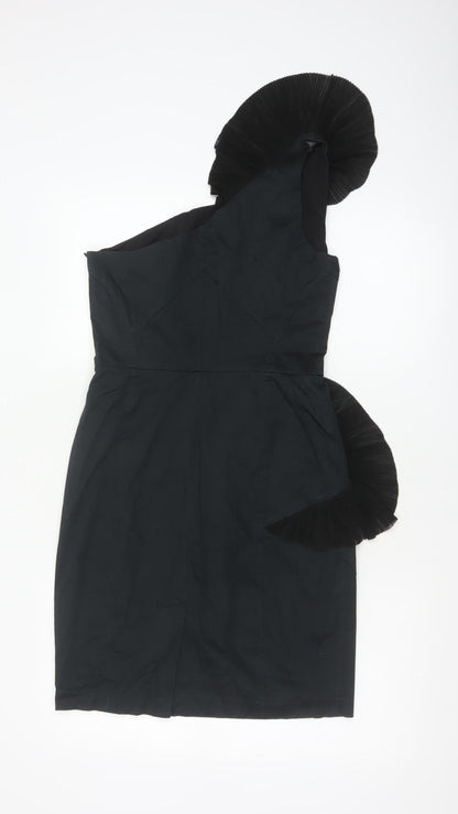 Close-up detail of Belle by Oasis Women Black UK 10 One Shoulder Ruffle Sheath Cocktail Dress