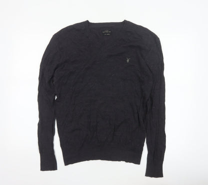 AllSaints Men Black Medium V-Neck Cotton Knit Pullover Jumper Logo