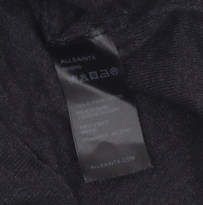 AllSaints Men Black Medium V-Neck Cotton Knit Pullover Jumper Logo