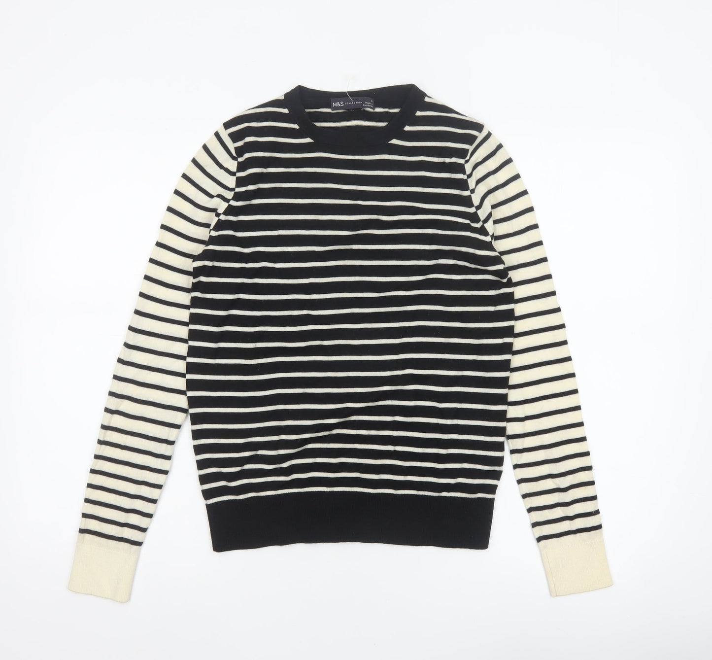 Marks and Spencer Women’s Black Ivory Stripe Merino Wool Jumper UK 8