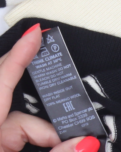 Marks and Spencer Women’s Black Ivory Stripe Merino Wool Jumper UK 8