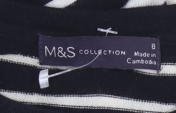 Marks and Spencer Women’s Black Ivory Stripe Merino Wool Jumper UK 8