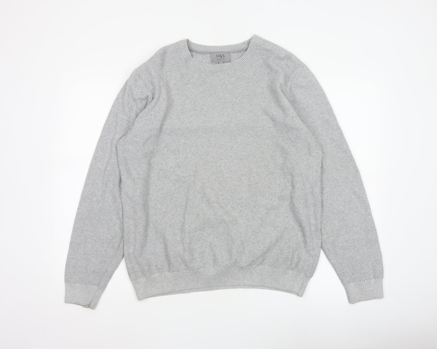Marks and Spencer Men Grey L Cotton Crew Neck Knit Pullover Jumper