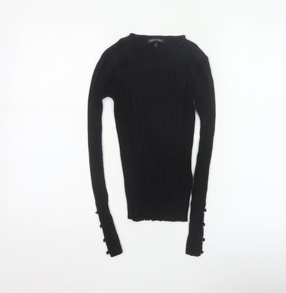 Topshop Women Black UK 8 Rib Knit Slim Pullover Jumper Button Cuffs