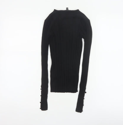 Topshop Women Black UK 8 Rib Knit Slim Pullover Jumper Button Cuffs