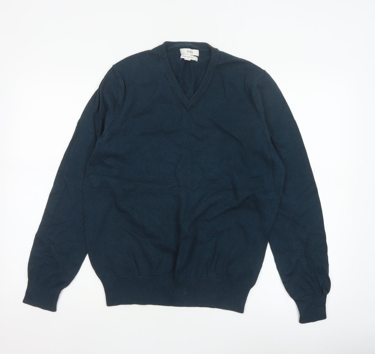 Marks & Spencer Men Blue M Pure Cotton V-Neck Knit Pullover Jumper