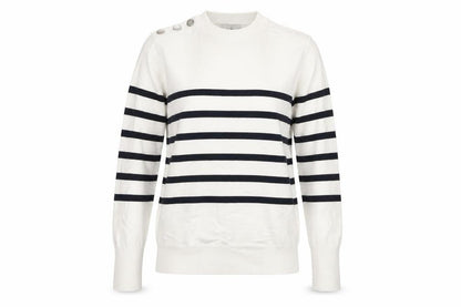C&A Women White XS Striped Crew Neck Button Knit Pullover Jumper