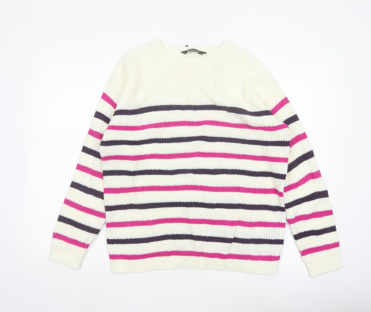 Bonmarché Women Ivory Pink Stripe Acrylic Knit Jumper UK 16 Crew Neck