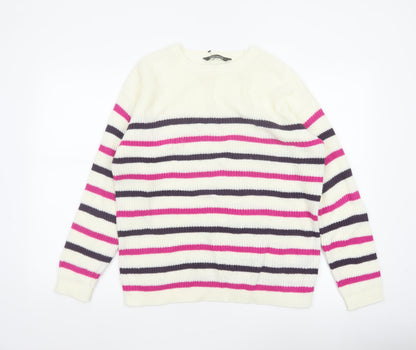 Bonmarché Women Ivory Pink Stripe Acrylic Knit Jumper UK 16 Crew Neck