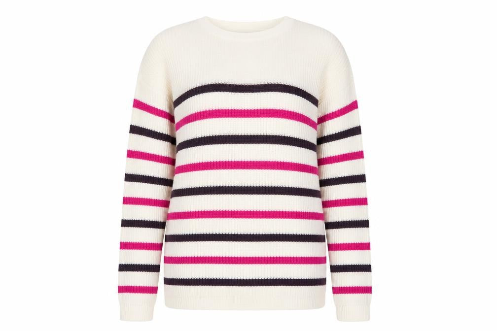 Bonmarché Women Ivory Pink Stripe Acrylic Knit Jumper UK 16 Crew Neck