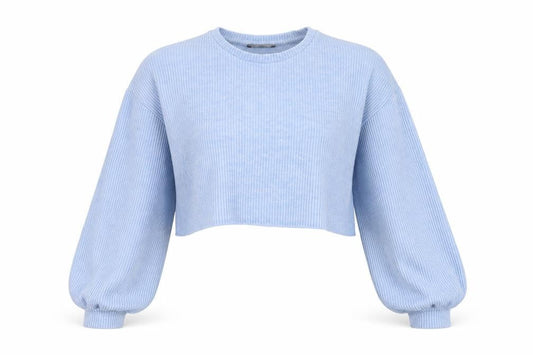 Bershka Women Blue UK 14 Cropped Rib Knit Balloon Sleeve T-Shirt