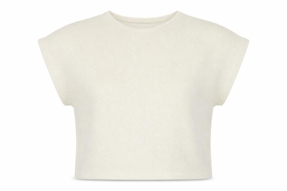 New Look Women Ivory Glitter Knit Cap Sleeve T-Shirt Size S
