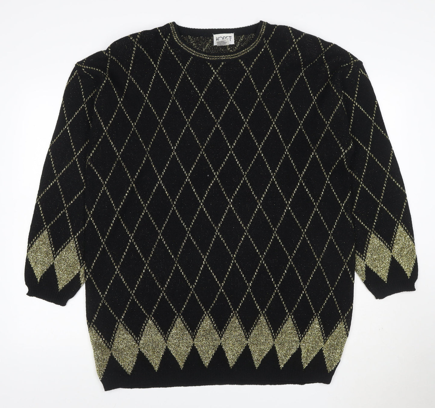 Koret Women’s Black Gold Argyle Glitter Knit Jumper UK 22 Vintage