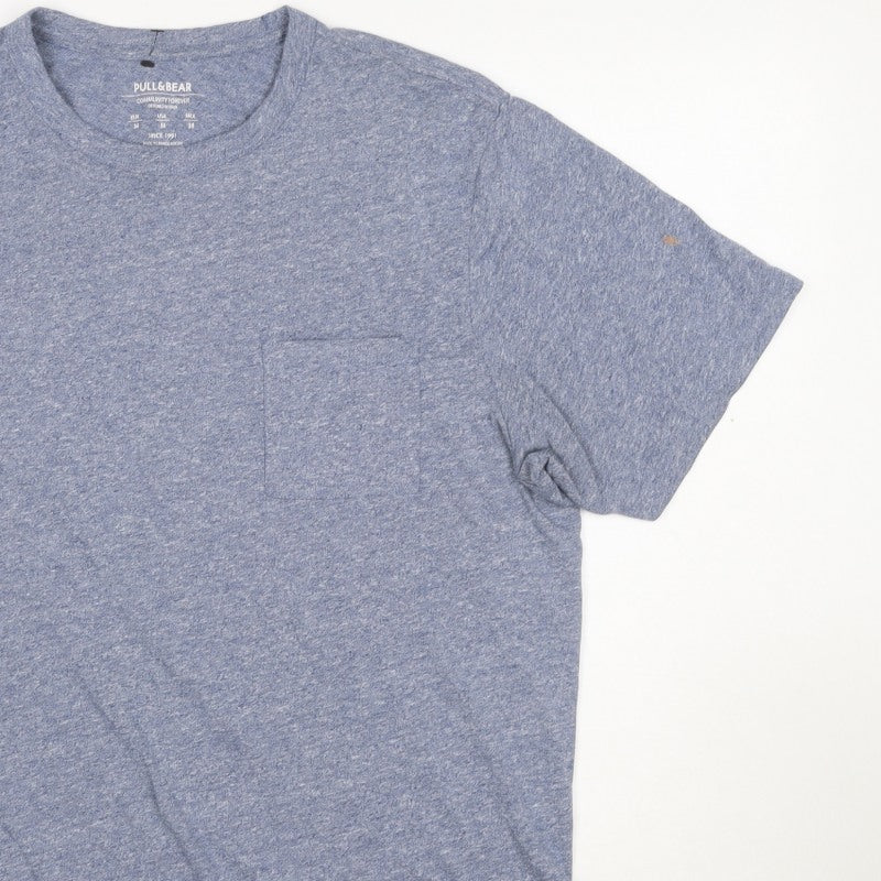 Pull&Bear Men's Blue Marl Pocket Crew Neck Short Sleeve T-Shirt M