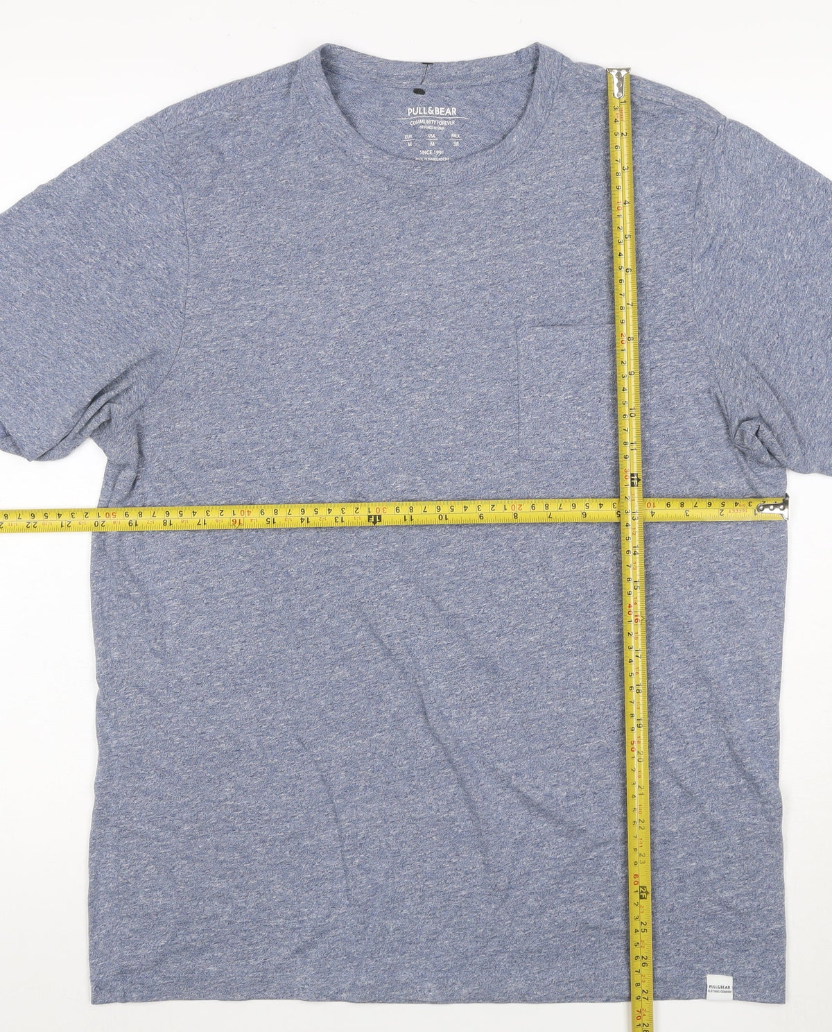 Pull&Bear Men's Blue Marl Pocket Crew Neck Short Sleeve T-Shirt M