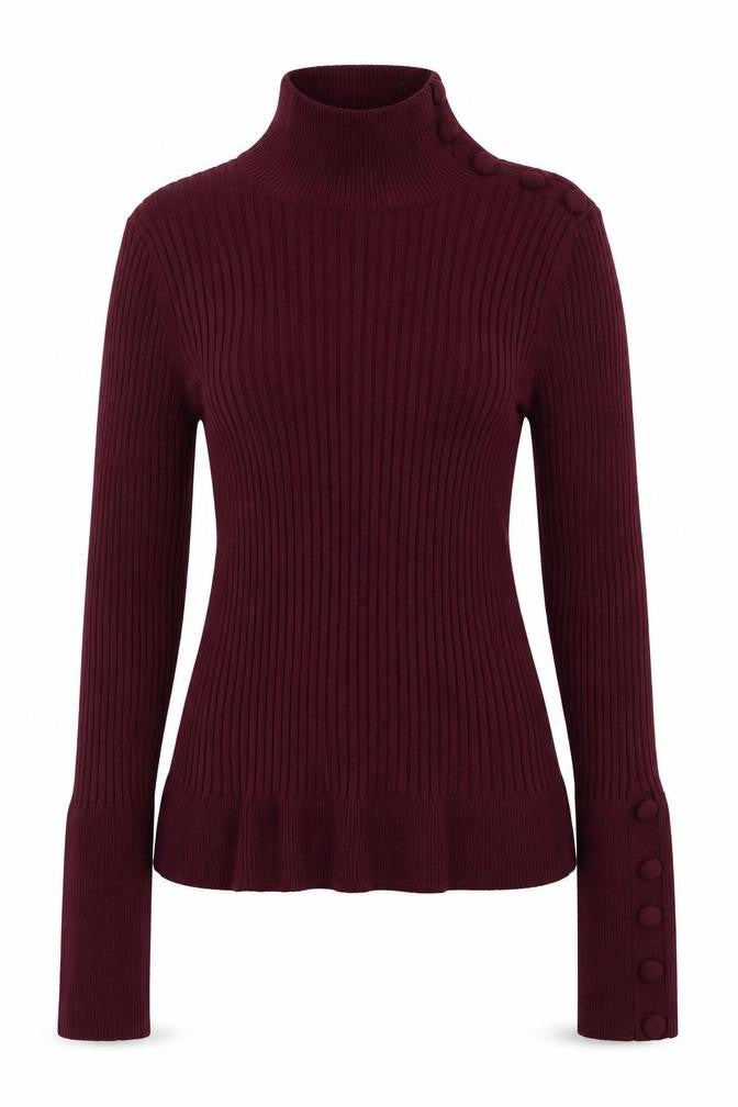 INC Women Red L Ribbed High Neck Button Sleeve Pullover Jumper