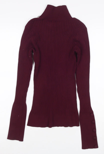 INC Women Red L Ribbed High Neck Button Sleeve Pullover Jumper