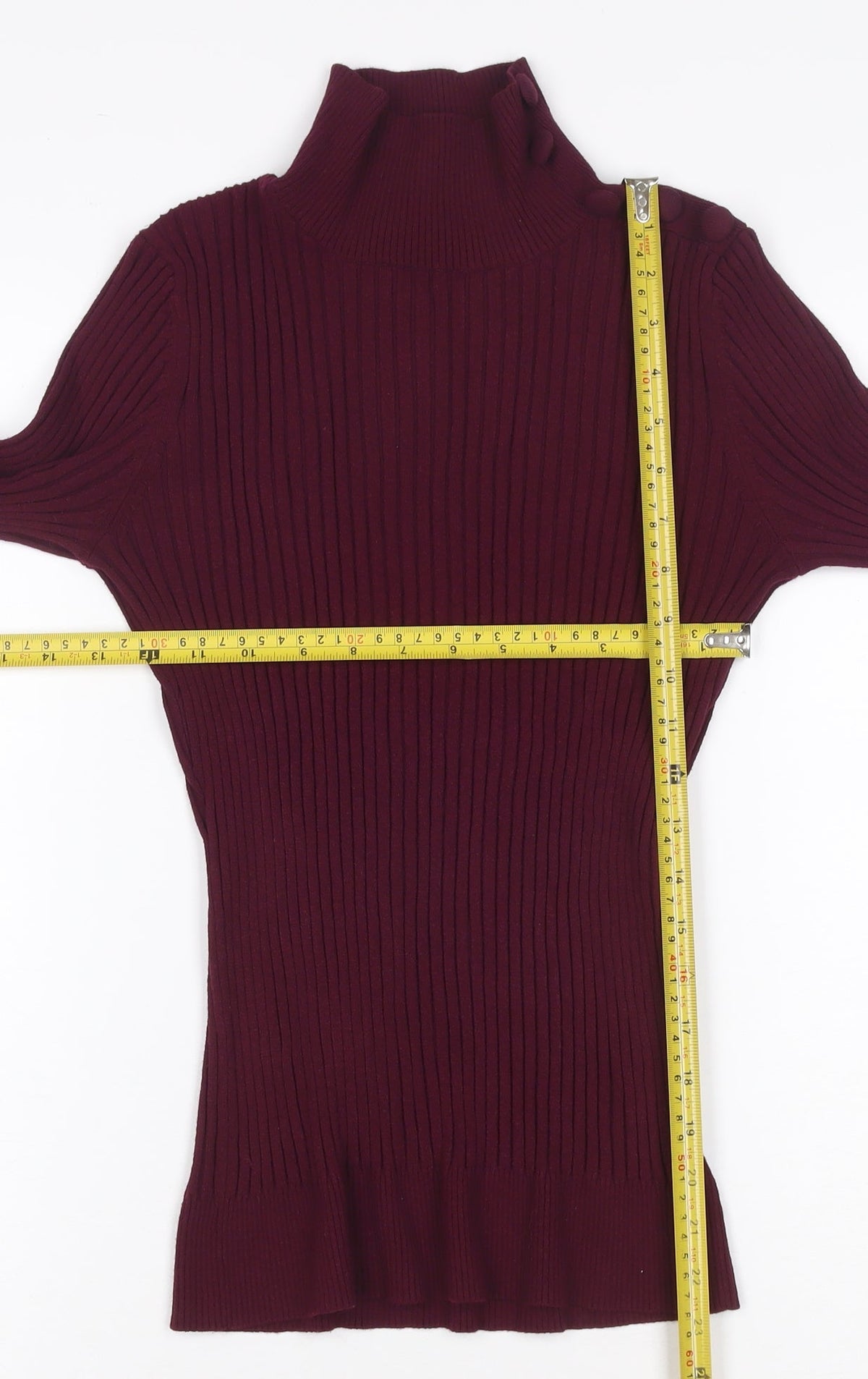 INC Women Red L Ribbed High Neck Button Sleeve Pullover Jumper