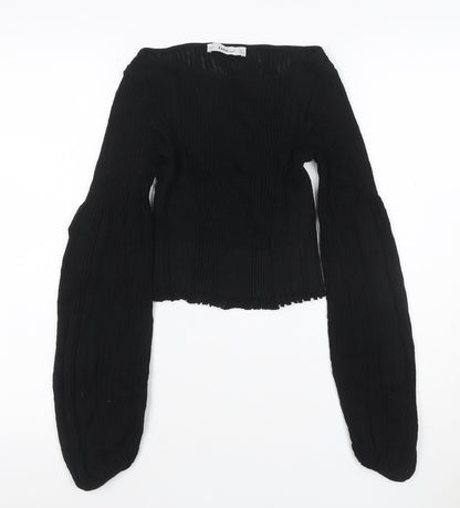 Zara Women Black S Rib Knit Balloon Sleeve Pullover Jumper