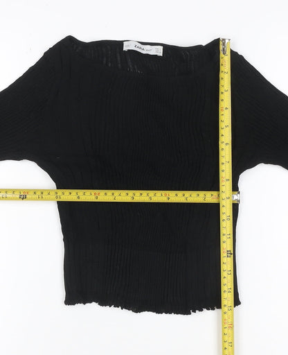 Zara Women Black S Rib Knit Balloon Sleeve Pullover Jumper