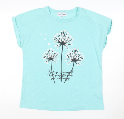 Mudflower Women Blue Size 12 Floral Quote Cap Sleeve T-Shirt