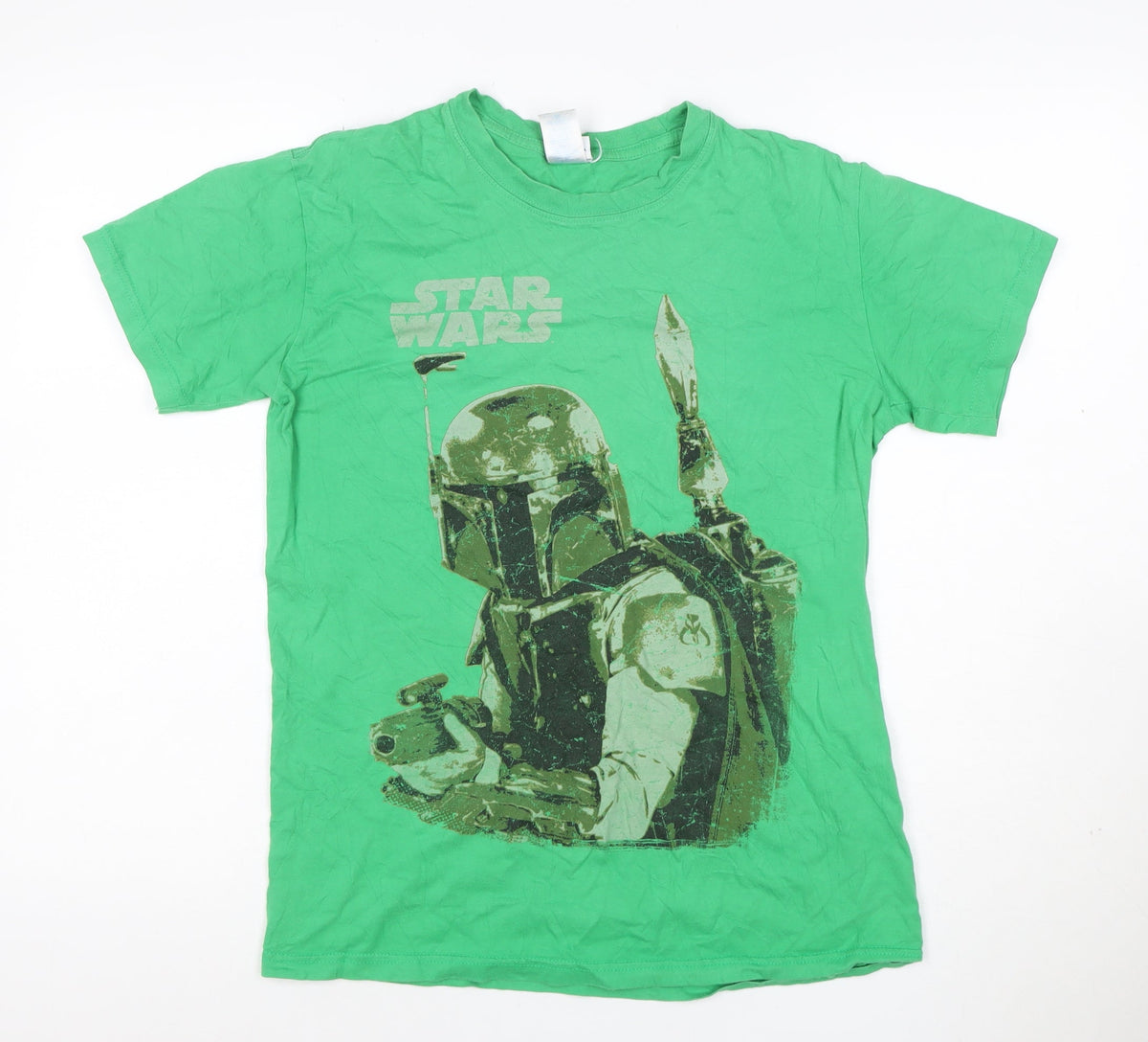 Front view of Star Wars Teens Green M Boba Fett Graphic Print Crew Neck T-Shirt