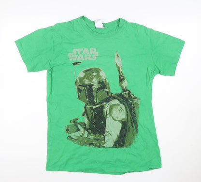 Front view of Star Wars Teens Green M Boba Fett Graphic Print Crew Neck T-Shirt