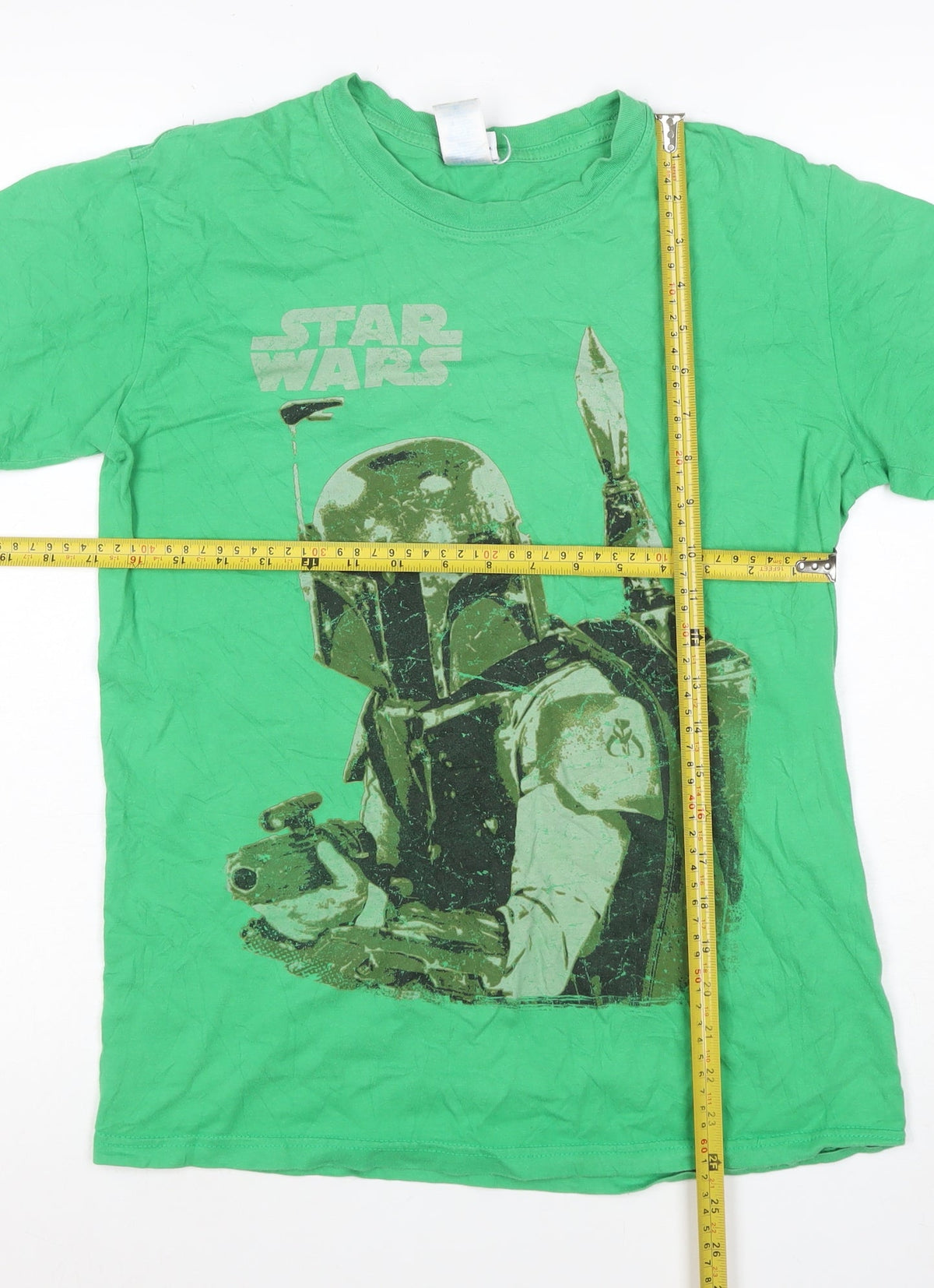 Close-up detail of Star Wars Teens Green M Boba Fett Graphic Print Crew Neck T-Shirt