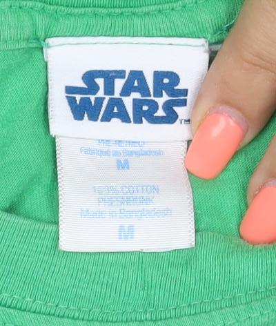 Brand and care label for Star Wars Teens Green M Boba Fett Graphic Print Crew Neck T-Shirt