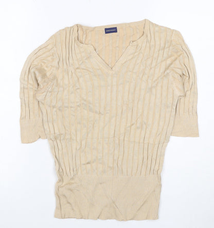 Debenhams Women Beige UK 12 V-Neck Textured Knit 3/4 Sleeve Top